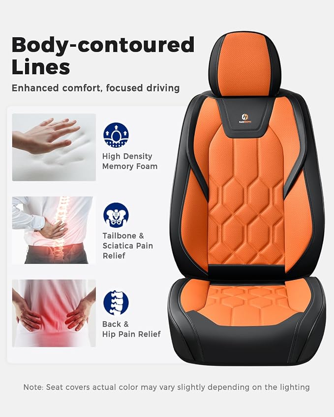 Huidasource Front Seat Covers, Universal Fit for Most Cars SUV Trucks, Full Coverage Leather Seat Cover, Airbag Compatble, Seat Function Retain, Storage Pocket Design, Easy to Install, Black & Orange