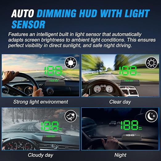 W2 Heads Up Display for Cars,Speedometer with Overspeed Alarm,Automatic Brightness Adjustment,Triple Over-Speed Alarm,LED Large Font,Built in Sun Visor,Plug & Play USB HUD Fit for All Vehicles(Green)