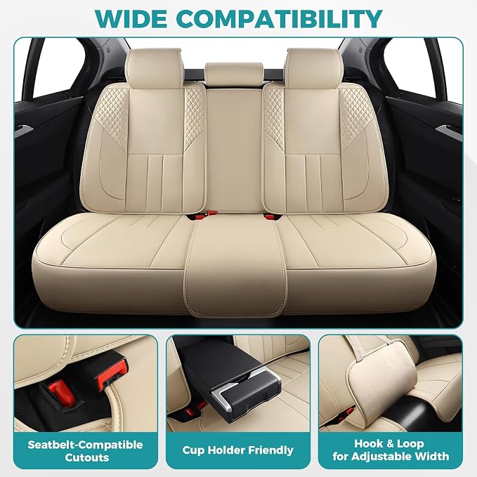 Universal Car Seat Covers for SUVs Sedans Trucks Beige | universal fit, faux leather, waterproof, breathable, stain/scratch resistant, airbag compatible, anti-slip, easy install