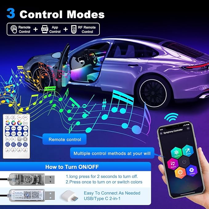 Dreamcolor Acrylic Interior Car LED Strip Light with USB/Type C/4-Port Cigarette Lighter, RGB 2 in 1 with 110.2 inches LEDs Ambient Lighting Kits, Sound Active Function Neon Led Strips for Car