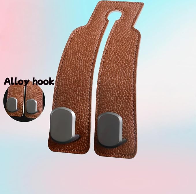 Coozyland Car Hooks, Coozy Land Metal Multi-Function Leather Car Headrest Hooks, Universal Double Hook Car Seat Back Storage Hooks for Wallets, Handbags, Bottles, Trash Bags, etc (Brown 2-Pack)