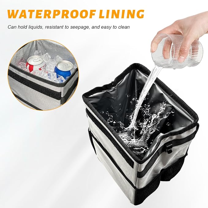 Car Trash Can with Lid, Multipurpose Collapsible Auto Garbage Bin with 3 Storage Pockets, Waterproof Leakproof Oxford Cloth Organizer Hanging Portable Trash Bin for Most Vehicles (Gray)