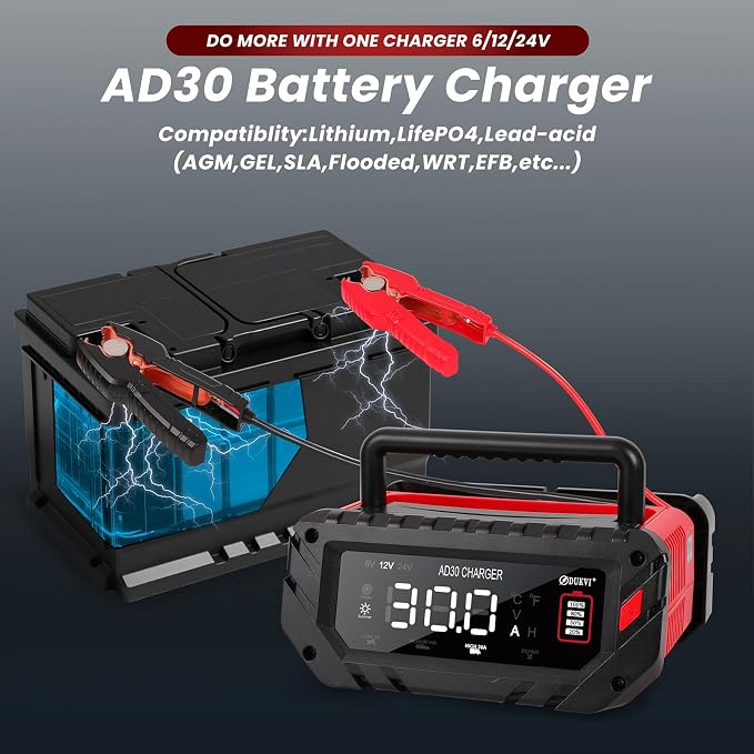 30 Amp 6V/12V/24V Smart Trickle Charger, Car Battery Charger, Lithium, Lifepo4, Lead Acid (AGM/Gel/SLA) Automatic Battery Maintainer, Battery Desulfator for Boat, Motorcycle, Lawn Mowers