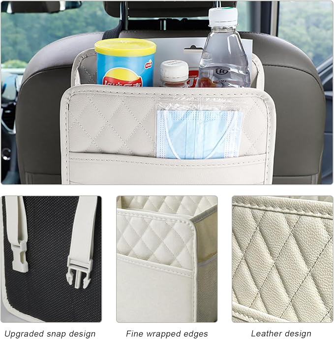 DXNQ Car Seat Back Organizer, Large Capacity Foldable Car Seat Back Hanging Bag with 3 Extra Pockets, Waterproof Leather Auto Seats Storage Organizer, Car Travel Essentials Accessories (White)