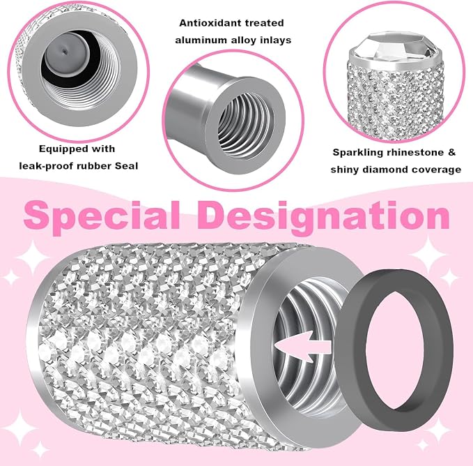 BFXM 4Pcs Car Tire Valve Stem Caps, Bling Tire Air Cap for Car, Car Accessories for Women Universal Stem Covers, Anodized Aluminum Tires Valve Cap with O Rubber Ring, Crystal Diamond