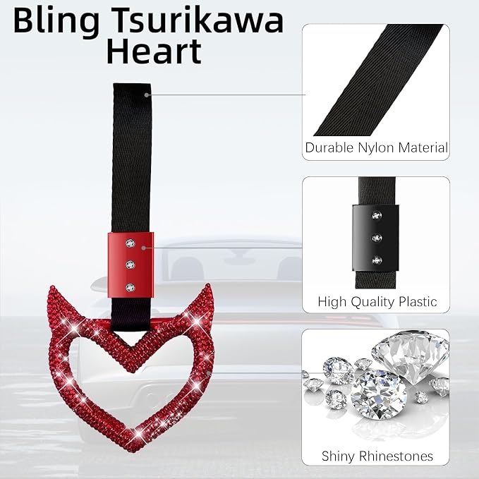 NBTEPEM Bling Heart Handle Keychains Bling Car Accessories for Women Hand Strap Drift Charm Rear Bumper Warning Ring Tsurikawa Heart Decor for Car Interior Exterior Decoration (Red, Devil Style)