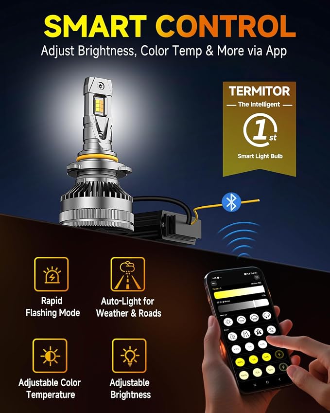 Termitor 9005/HB3 Smart Bulbs, 0-90,000LM 15X Variable Super Brighter, 3000K-6500K Variable Color Temperature, App Control One-touch Driving Mode Switching for Bluetooth Fog Light, Pack of 2