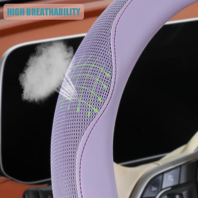 Nappa Leather Ice Silk Fabric Purple Steering Wheel Cover | Non-Slip Breathable Soft Car Accessories, Warm in Winter and Cool in Summer, Small 13.5 inch to 14 inch for Prius Civic