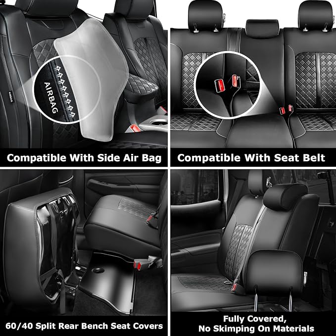 Carlimeki Leather Seat Covers Custom Fit for Tacoma Gen 2nd (2005-2015) | For Double & Crew Cab only - Fits Base, PreRunner, TRD Pro - Fully Covered - Fit Like a Glove