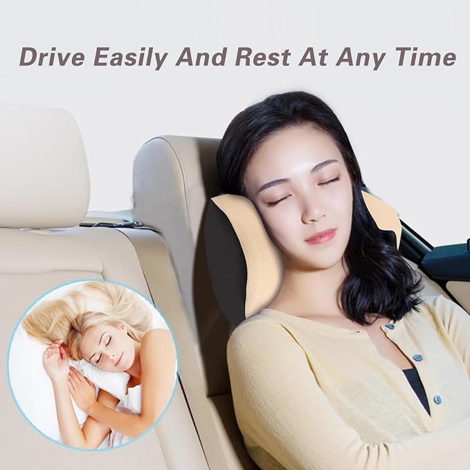 Make Restful Car Headrest Pillow, Car Pillow with Adjustable Strap, Beige | Breathable Removable Cover & Ergonomic Neck Support Cushion, Memory Foam Car Neck Pillow for Driving Fits Most Types of Seats