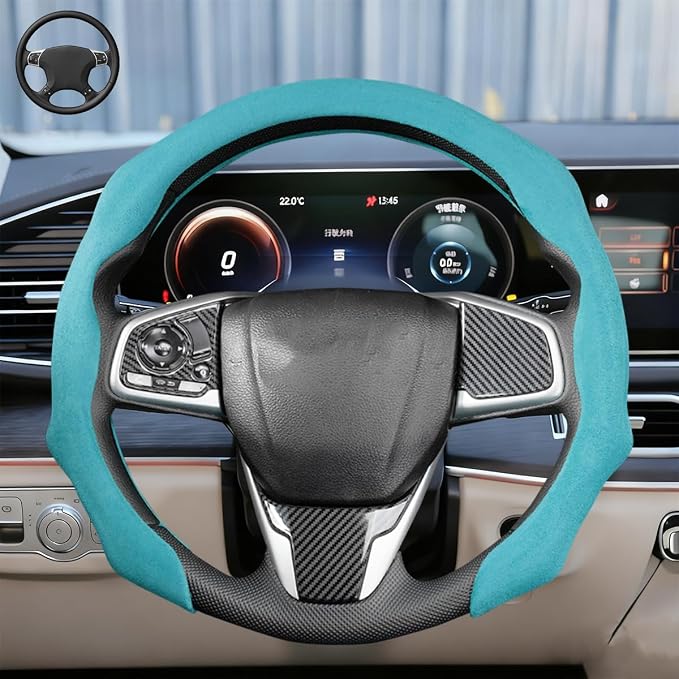 Car Steering Wheel Cover, Soft Brethable Suede Non-Slip Vehicle Steering Wheel Protector, Comfortable Sporty Auto Interior Protection Accessories, Universal for Truck SUV Van (Sky Blue)
