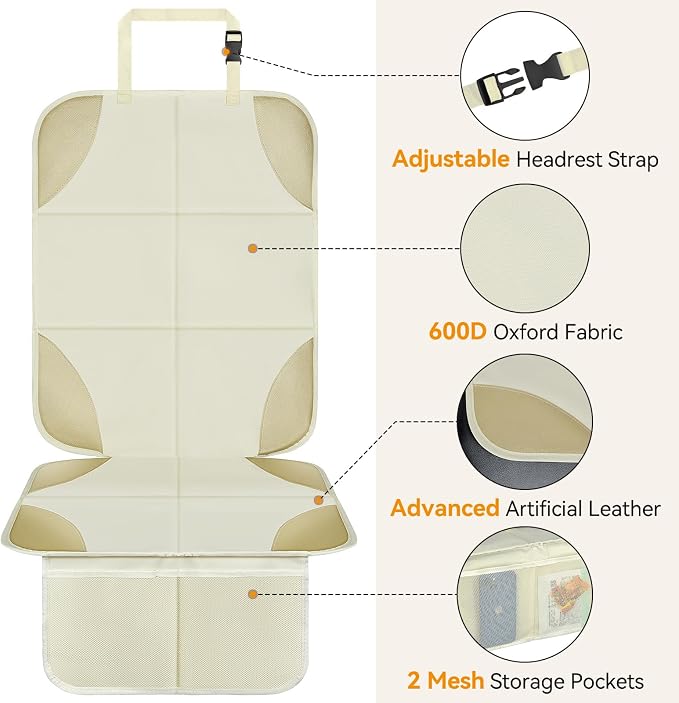 Musclez Car Seat Protectors, Car Seat Covers Waterproof 600D Fabric, Non-Slip Backing & 2 Mesh Pockets Carseat Protector for Child Safety Seats, Pets, Automotive Interior Protection (White-2pcs)