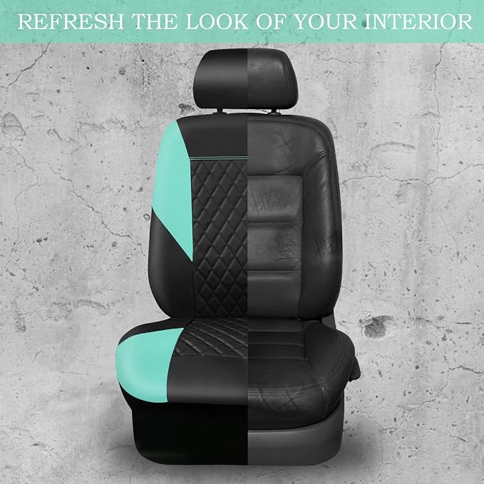 CAR PASS Mint Leather Seat Covers Full Set-Universal Quilting Cute Girly Car Seat Cover with 5mm Composite Sponge Inside,Airbag Compatible,2zipper Bench for Most Sedan,SUV,Truck(Full Set,Mint)