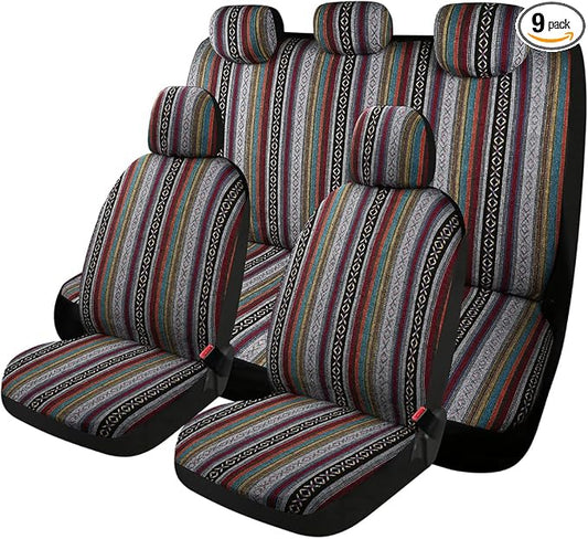 Baja Saddle Blanket Car Seat Covers 9PCS Full Set, Breathable and Washable Striped Woven Automotive Vehicle Seat Cover, Universal Seat Cover for Sedan, SUV, Truck, Airbag Compatible