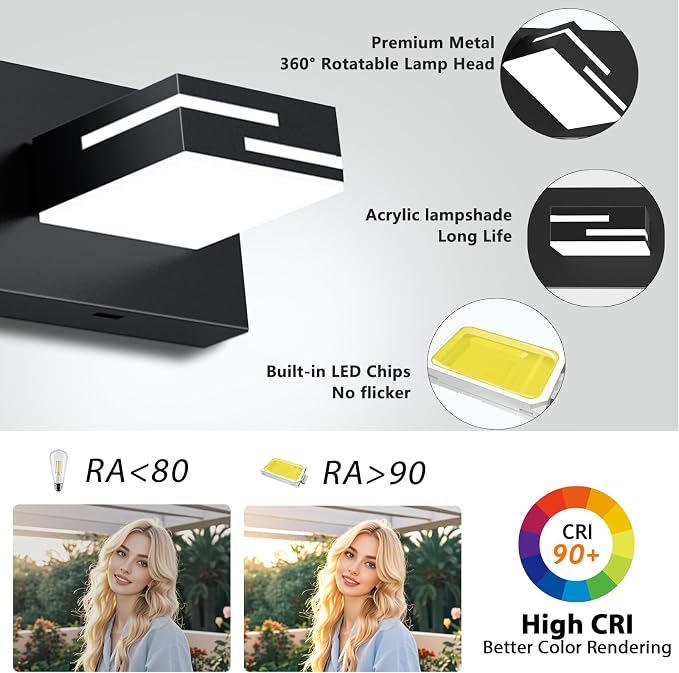 LED Modern Bathroom Vanity Light Fixtures, Dimmable Matte Black Vanity Lights for Bathroom Lighting Fixtures Over Mirror, with 360° Rotatable Acrylic Heads 7-Light 48-inch (Cool White 6000K)