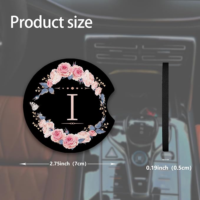 2pcs Letter I Car Coasters,Absorbent Universal neoprener Cup Holder Coasters with a Finger Notch,Car Accessories for Women&Man Interior，2.75"