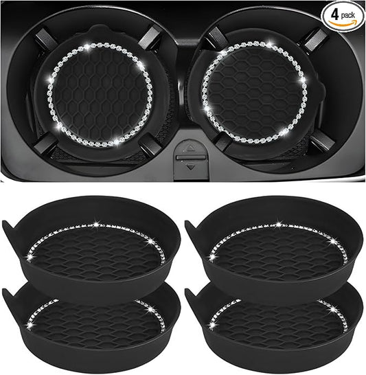 Sun Walker 4 PCS Bling Car Cup Holder Coaster, Non Slip Sparkly Rhinestone Cup Holder Pad Insert Coaster, Shockproof Silicone Shiny Embedded Drink Mat Interior Decor for Most Vehicles (Black)