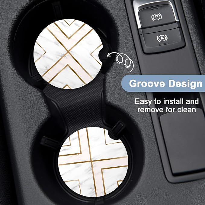 Nipichsha Car Coasters for Cup Holders, 2 Pack Absorbent Ceramic Car Cup Holder Coaster for Drinks, Cute Auto Assecories for Women Men, Size 2.56 in with Finger Notch & Cork Base, White Gold Line