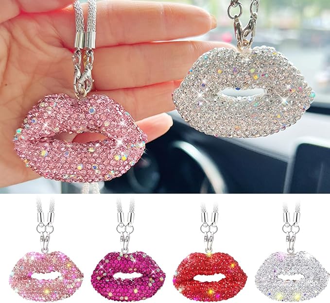 Bittwee Bling Lip Diamond Car Hanging, Crystal Rinestones Auto Rear View Mirror Charms Ornament, Lucky Vehicle Interior Pendant Decoration Accessories, Universal for SUV Sedan Truck(Rose Red)