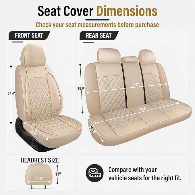 HChengkikz Car Seat Cover, Waterproof Nappa Leather (Beige) | Breathable, Airbag compatible, Easy to Install, Universal Fit for Most Cars, Sedans, SUVs, Vans, Trucks