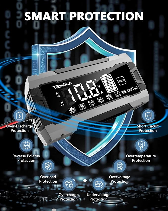 12V 10A Smart Battery Charger Fully Automatic Battery Maintainer Trickle Charger with Pulse Repair LCD Display Temp Compensation for AGM Gel SLA LiFePO4 Flooded Deep Cycle Motorcycle Boat Batteries