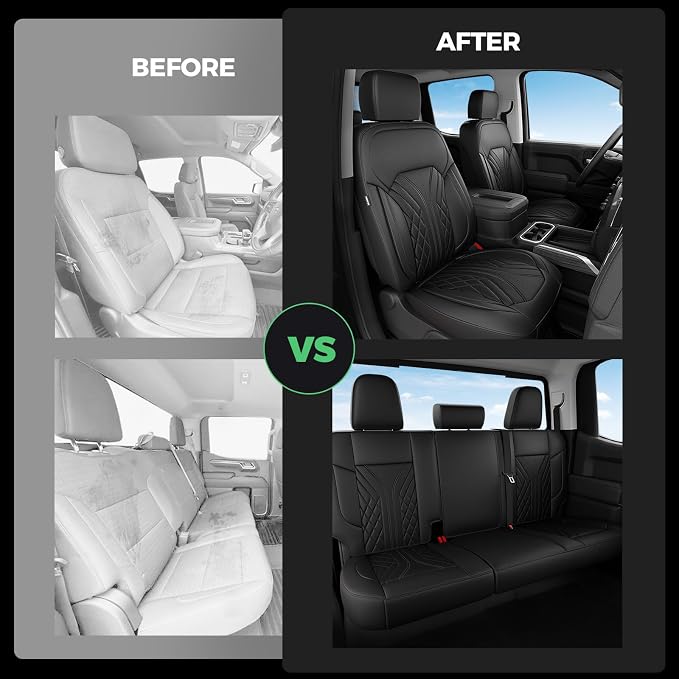Truck Leather Seat Covers for Chevy Silverado Gmc Sierra 2019-2026 | Crew Cab 1500/2500/3500HD, Bucket Seat, NO Rear Seatback Storage, Scratch-resistant, Easy-clean, Pickup Protector, Full Set