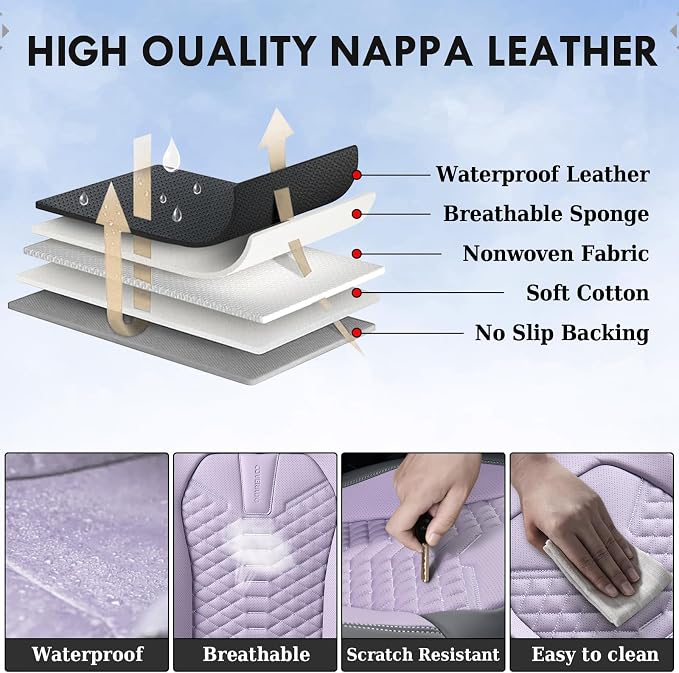 Coverado Seat Covers Full Set, Waterproof Nappa Leather Seat Covers for Cars, 5 Seats Universal Car Seat Protectors, Gray and Purple Car Seat Covers Car Seat Cushions Fit for Most Cars (Gray&Purple)