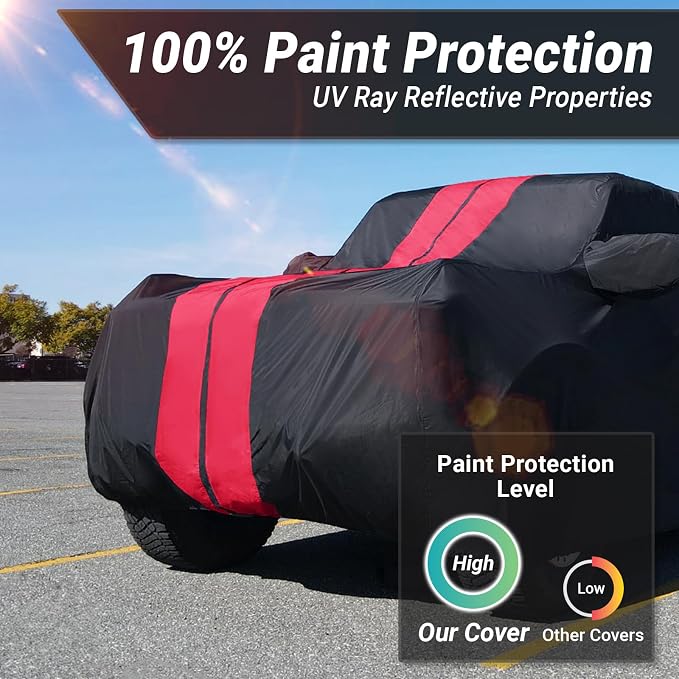 iCarCover Premium Heavy Duty SUV Car Cover - Waterproof All Weather Rain Snow UV Protection, Escalade, Tahoe, Wagoneer, Grand Wagoneer, Yukon, QX80, Size S60 (See Size Chart), Stripe - Black/Red