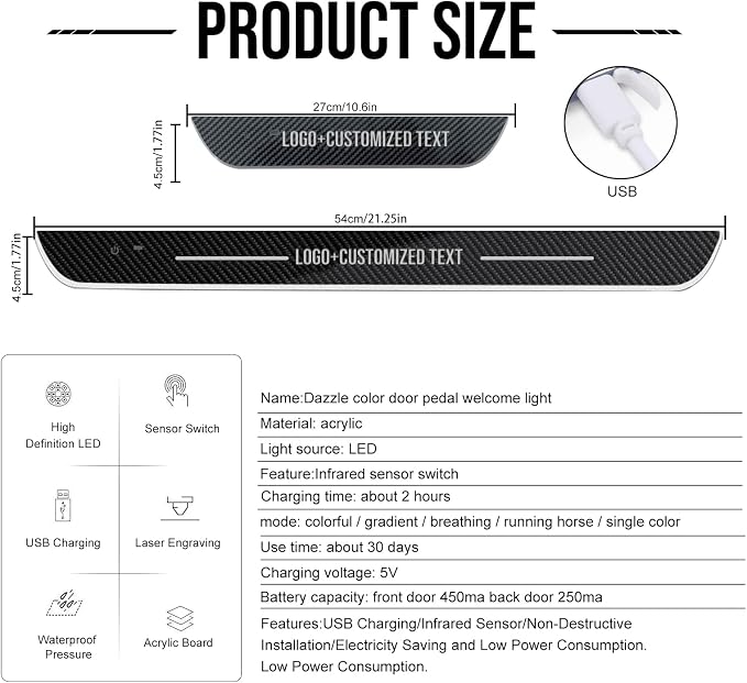 Custom Logo and Text Car Door Sill Lights Auto-Sensing, Personalized LED Welcome Gifts for Men Women, 7 Colors Adsorption Wireless Pedal Light for All Cars