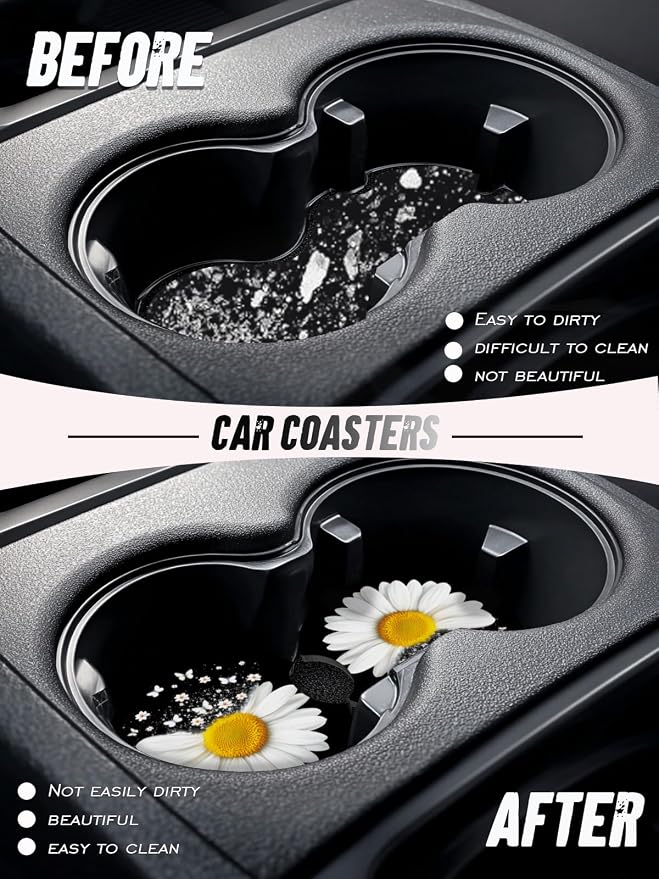 Car Cup Coasters,2 Pack Car Coaster,2.75inch Anti Slip and Absorbent Cars Coasters for Cup Holders,Car Accessories for Women,Cute Decor for Women (Fading Daisy)