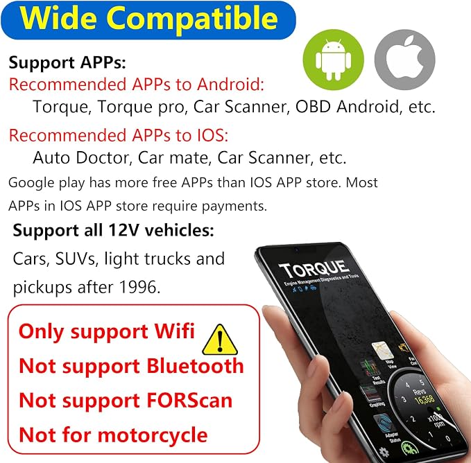 WiFi ELM327 OBD2 Adapter Scanner Reader for iOS iPhone and Android Phones OBD2 to WiFi OBD 2 ELM 327 Adapter Scanner Diagnostic Scan Tools OBDii ELM327 Interface Code Readers for Ford GM Chevy etc