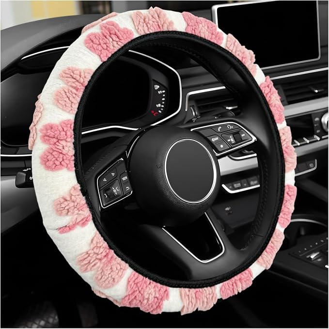Plush Flowers Steering Wheel Cover, 15 inch Anti-Slip Breathable Steering Wheel Protector Cute Floral Decor, Elastic Soft Wheel Cover Universal Fit for Most Vehicles (Pink)