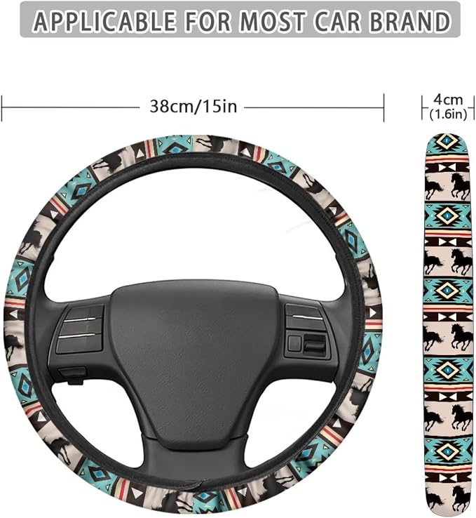 Wanyint Aztec Horse Blue Car Steering Wheel Cover Universal 15 Inch Steering Wheel Wrap Anti-Slip Soft Elastic Decorative Auto Accessories All Weather Protection