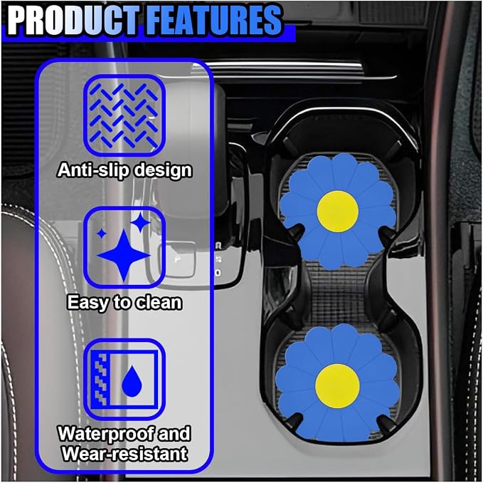 2PCS Car Cup Coaster, Flower Shaped Silicone Non-Slip Vehicle Drink Holder Insert Mat, Universal 2.75 Inch Waterproof Automotive Interior Decoration Beverage Pad Accessories (Blue)