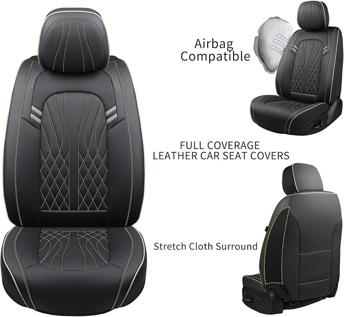 MINGBRON Seat Covers for Cars, Waterproof Seat Covers, Leather Car Seat Covers 2 Pack, Universal Seat Cushion Protector for Most Cars Black&Beige Line
