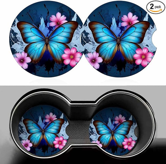 Beautiful Butterfly Car Cup Holder Coaster 2 Pack Absorbent Ceramic Car Coasters for Cup Holders Car Accessories Interior for Women Men Universal Anti Slip Cork Base Cup Coasters with Finger Notch