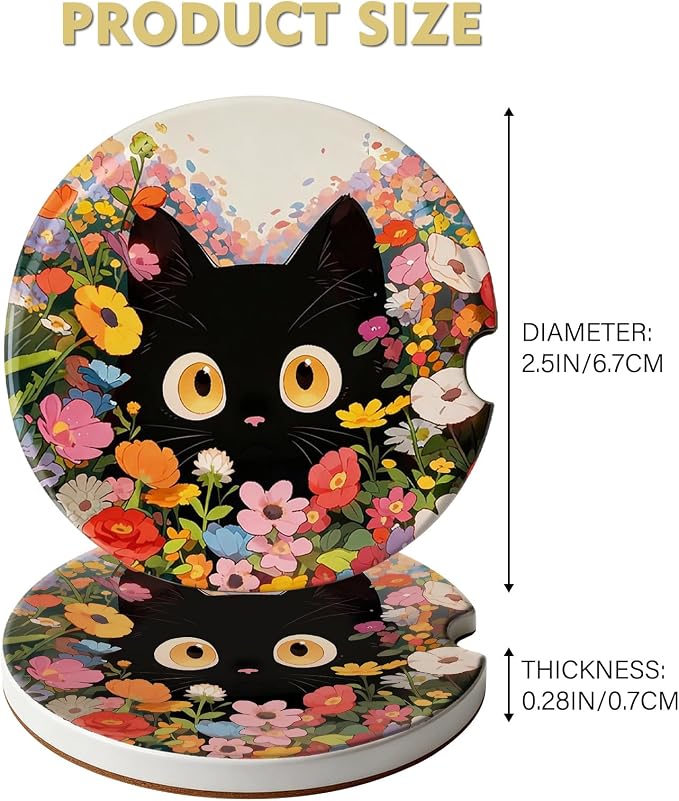 2 Pack Car Coasters for Cup Holders, Absorbent Ceramic Cup Coaster with Cork Base and Finger Notch, Cute Car Accessories Interior for Women Men