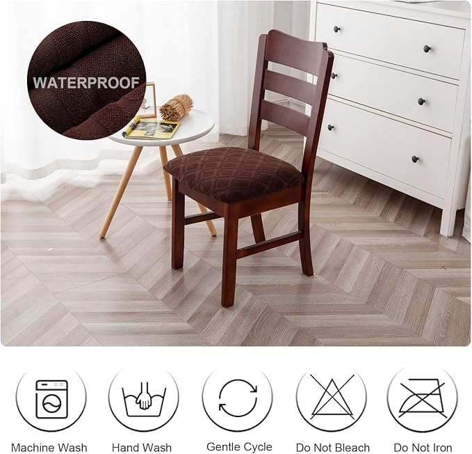 Genina Waterproof Seat Covers for Dining Room Chairs, Stretch Chair Covers Removable Washable Dinning Room Kitchen Chair Seat Cushion Slipcovers (Jacquard-Chocolate, 4 PCS)