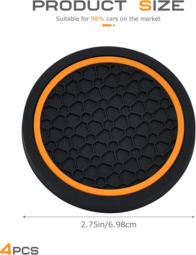 SCUARI 4PCS Car Coasters,Car Cup Coasters,Car Coasters for Cup Holders,Car Accessories Car Cup Holder Coaster,2.75 Inch No-Slip Anti Dust mats Cup Holder Insert Coaster,Fits Vehicles (Black&Orange)