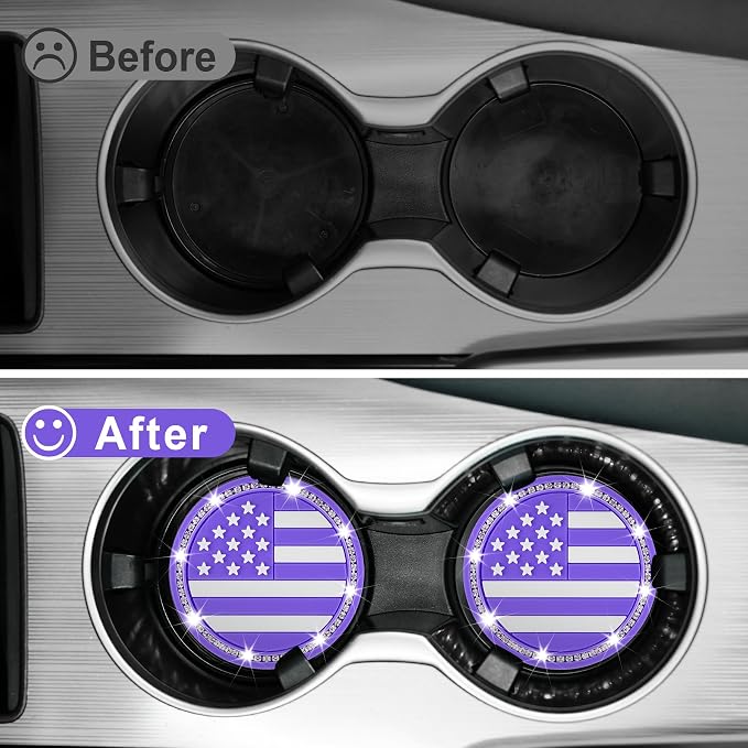 JUSTTOP Bling Car Cup Holder Coaster,4PCS American Flag Cup Holder Insert,Universal Non-Slip Cup Holders,Car Accessories Interior for Women and Man(Purple)