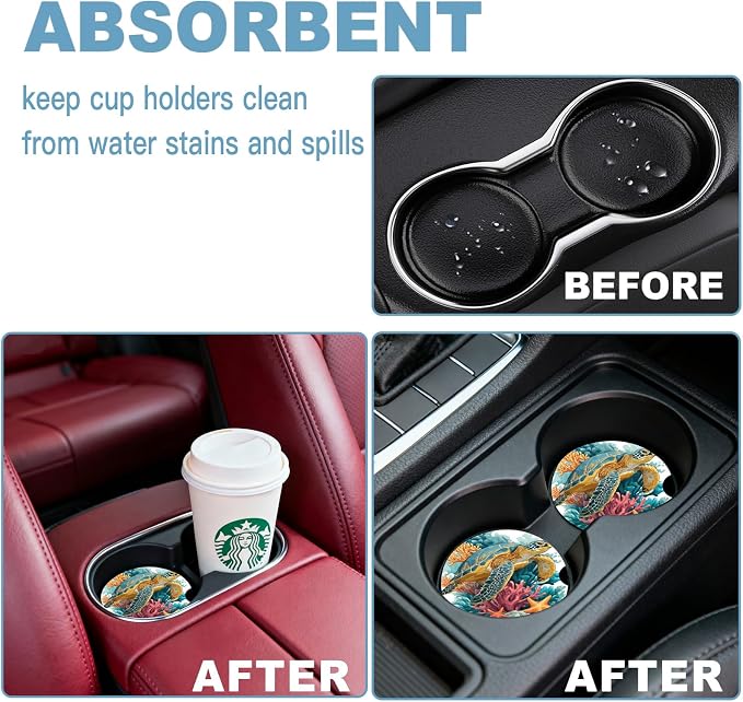 Car Cup Holder Coaster Set of 2, 2.56 in Ceramic Coasters, Scratch-Resistant Cork Backing, Finger Groove Design for Easy Placement, Cute Car Accessories Interior for Women (Blue Turtle)