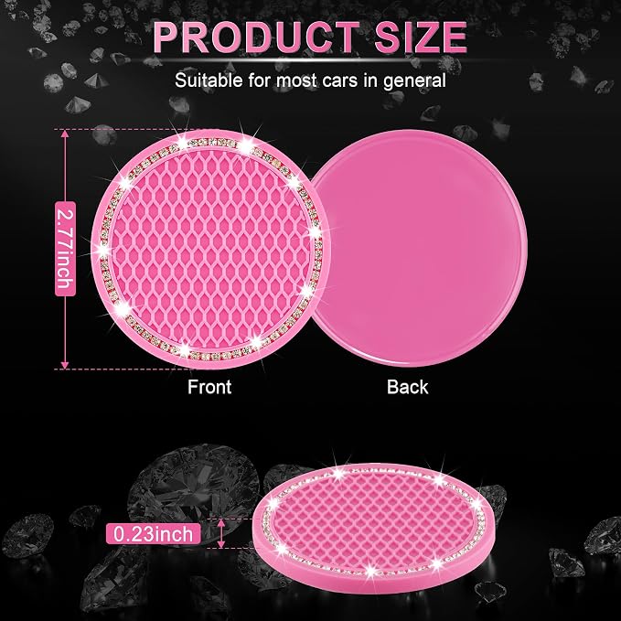 JUSTTOP Car Cup Holder Coaster, 2 Pack Universal Auto Anti Slip Cup Holder Insert Coaster, Bling Crystal Rhinestone Car Interior Accessories-Deep Pink