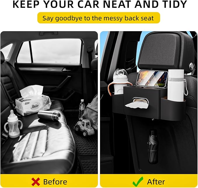 Back Seat Car Organizer with One Towel Leather Wood Materials (Black) | Tissue Box, 2 Drink Cup Holder, Phone Holder, Hook, Compatible with Most Vehicles