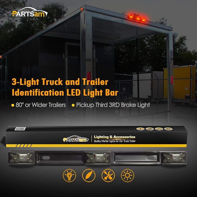 Partsam 14.17" Red Led Truck Trailer Smoked Red Clearance ID 3 Lamps Trailer Identification Light Bar w Black Stainless Steel Bracket Replacement for Pickup Trucks