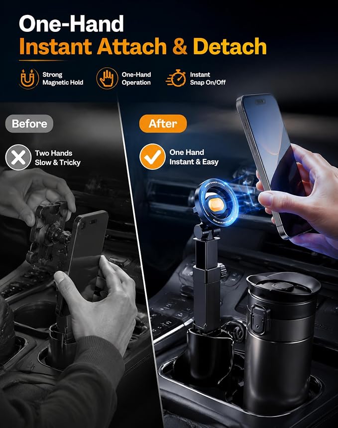 Car Cup Holder Phone Mount, 360° Adjustable N52 Magnetic (Standard) | Cup Holder Phone Mount for Car, 2 In 1 One Hand Operation Car Holder, Adjustable Base Cupholder Phone Holder for All Phones
