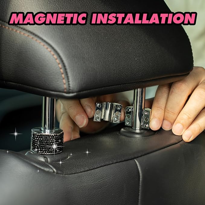 Rislobx 2PCS Magnetic Car Headrest Collars, Rhinestone Car Head Rest Collars Rings Decor, Bling Car Accessories for Women, Interior Decor Car SUV Truck (Black)