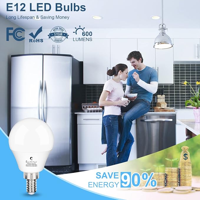 Candelabra LED Light Bulbs 60-Watt Equivalent, Daylight White 5000K, E12 Candelabra Base, 6 Watt A15 LED Bulbs for Ceiling Fan, Vanity Mirror Light | 6-Pack