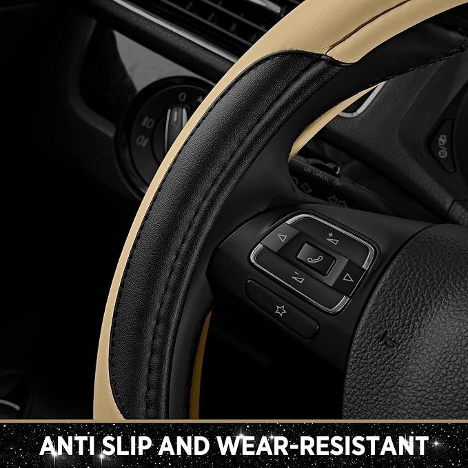 Road Comforts Leather Steering Wheel Cover - Made with PVC Leather - Anti-Slip, Universal Fit 14 1/2 inches to 15 inches - Beige