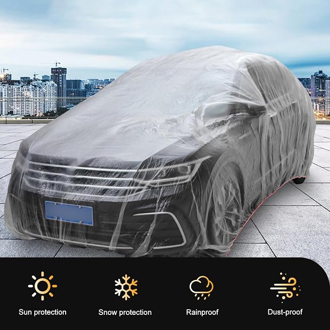 1 PC Disposable Car Covers, 11.5 FT x 19.7 FT Clear Plastic Car Cover, Rain Dust Garage Cover with Elastic Band, Universal for Cars Sedans SUVs (Transparent, M)