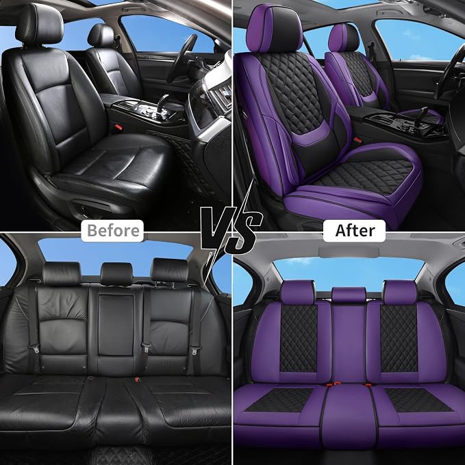Car Seat Covers Full Set,5 Seat Leather Seat Covers for Cars,Front Seats and Back Seat Cover,Waterproof Car Seats Cushion Protectors,Universal Fit for Most Cars SUV Trucks (Purple Black,Full Set)